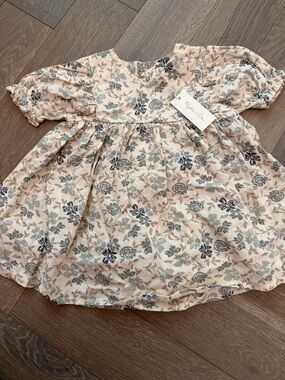 Rylee + Cru Cream Floral Puff Sleeve Dress with Blue and Taupe Flowers